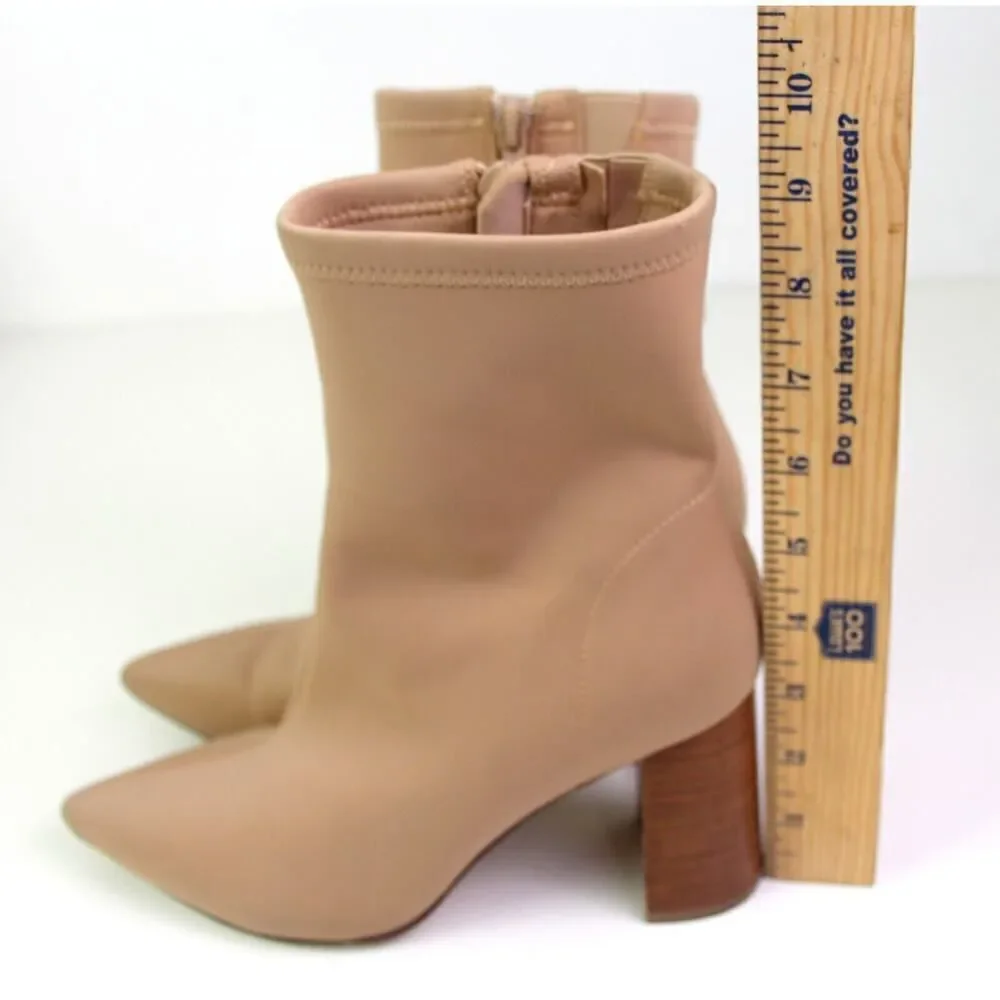 Jeffrey Campbell BEIGE ELASTIC NYLON HIGH HEEL POINTED ZIP SIDE ANKLE BOOTS Sz 6